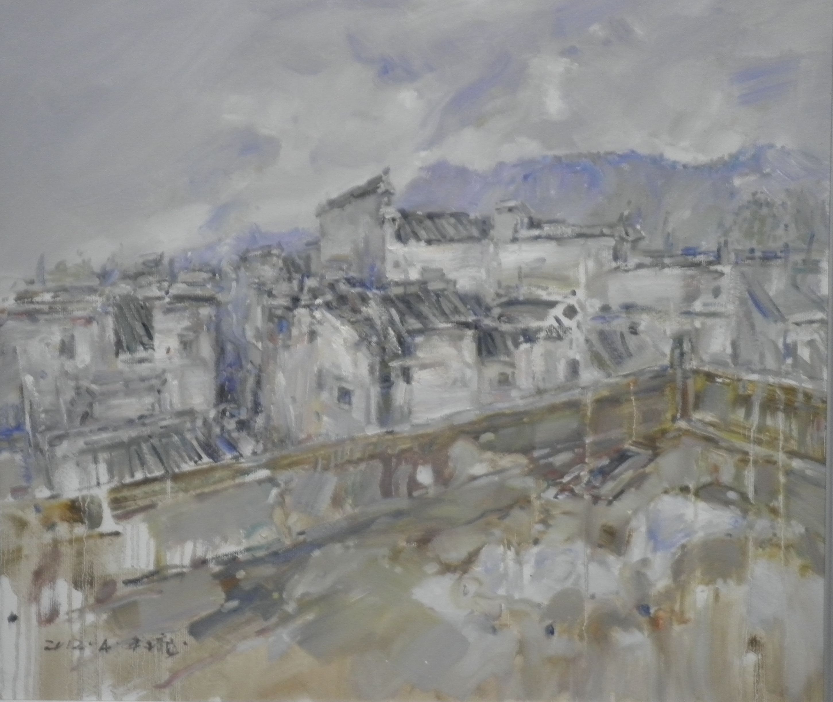 油画《徽州烟雨》